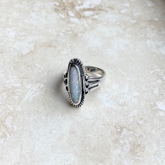 😍TOP SELLER😍 Silver Etched White Lab Opal Ring, Statement Ring, Silver Rings - Picture 4 of 8